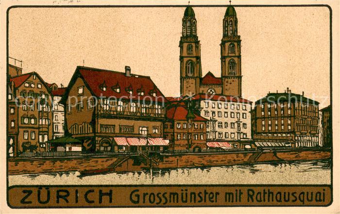 13776151 Zuerich ZH Grossmuenster avec Rathausquai Linogravure Zuerich ZH