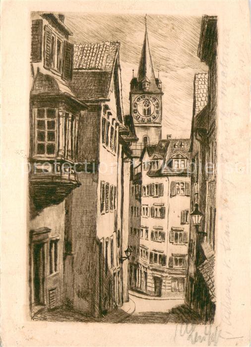 13783687 Zuerich ZH Pfalzgasse u. St. Peter Carte d'artiste gravure Zuerich ZH