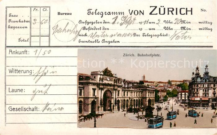 13793281 Zuerich ZH Plan télégramme Bahnhofplatz avec tramways Zuerich ZH