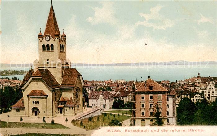 13794484 Rorschach Lac de Constance SG Vue partielle avec église réformée et lac - poste de campagne