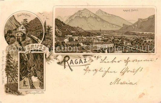 13797454 Ragaz Bad SG Panorama Alpes Bad Pfaeffers Taminaschlucht Litho