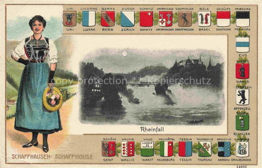 14008967 SCHAFFHAUSEN  SH Rheinfall im Mondschein Trachten Wappen