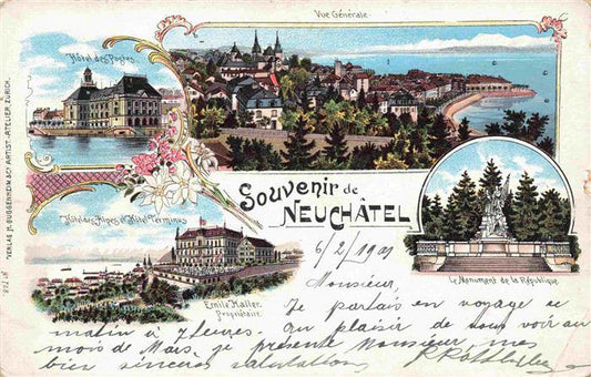 14010256 Neuchatel NE Vue générale Hotels Alpes Monument de la République Litho