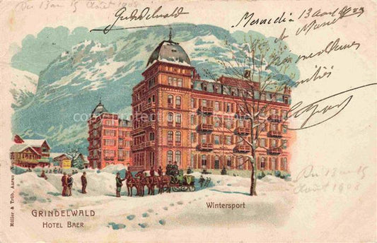 14010307 Grindelwald BE Hotel Baer Wintersport Pferdekutsche Kuenstlerkarte