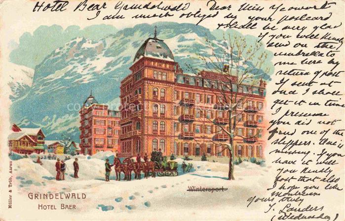 14010325 Grindelwald BE Hotel Baer Alpen Pferdekutsche Litho