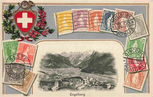 14010480 Engelberg  OW Panorama Alpen Sonderbriefmarken Wappen