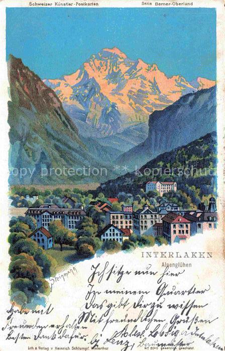 14018408 Verlag Schlumpf Litho Nr. 2040 Interlaken Alpengluehen