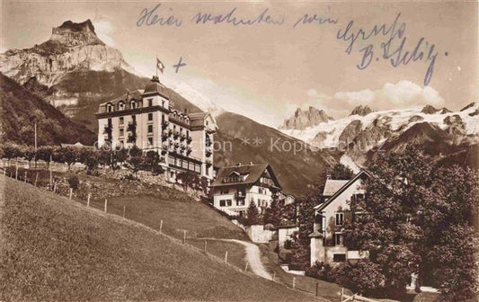 14031973 Engelberg  OW Hotel Edelweiss mit Hahnen und Spannoerter