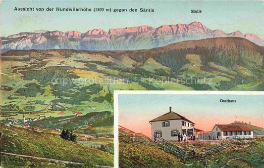 14033090 Hundwiler Hoehi mit Blick nach Saentis Gasthaus