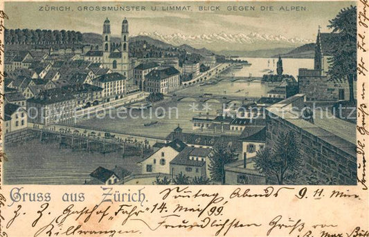 13309208 Zuerich ZH Grossmuenster mit Limmat und Alpenblick Zuerich ZH