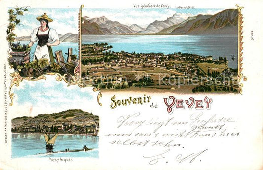 13567493 Vevey VD Quai Femme traditionnelle Panorama Dent du Midi Vevey VD