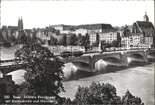 10959310 Bâle BS Mittlere Rheinbruecke Strassenabhn Martins Kirche Muenster Kle