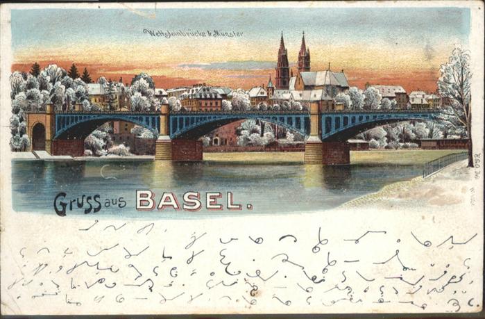 10959342 Basel BS Wettsteinbruecke Münster Winterlitho Basel BS