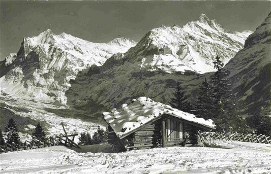 13999781 Grindelwald BE Berghuette mit Blick gegen Wetterhorn Berglistock Metten