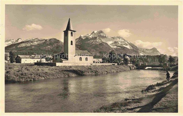 14002048 Sils Baselgia Engadin Maloja GR mit Kirche und Blick auf Piz della Marg