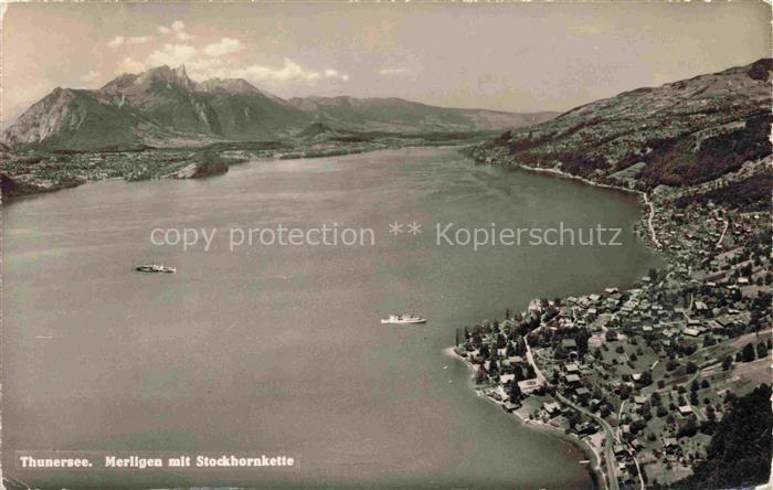 14009628 Merligen Thunersee mit Stockhornkette Fliegeraufnahme