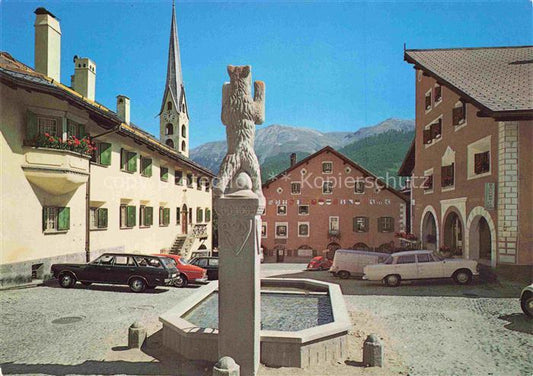 14012194 Zuoz GR Dorfplatz mit Kirche Brunnen