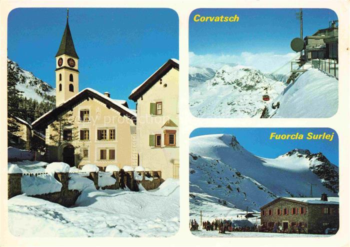 14012591 Silvaplana GR Ortsmotiv mit Kirche Blick gegen Corvatsch Fuorcla Surlei