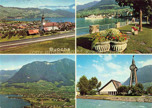 14012600 Buochs Panorama Uferpromenade am Vierwaldstaettersee Kirche Luftaufnahm