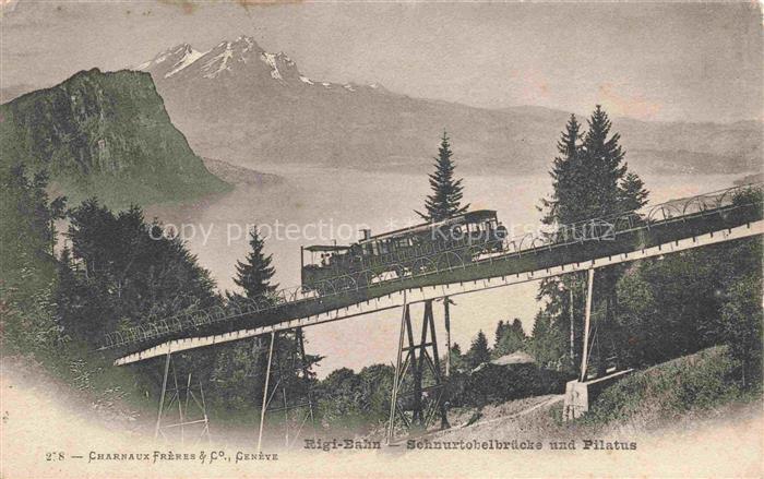 14029155 Rigi Kulm 1798m SZ Rigi-Bahn Schnurtobelbruecke Blick gegen Pilatus