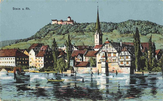 14029209 Stein Rhein Stein am Rhein SH Ansicht vom Fluss aus Kirche Schloss Kuen