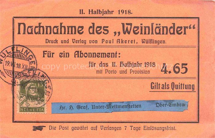 14029215 Wuelflingen  Winterthur ZH Nachnahme des Weinlaender Abonnement-Quittun