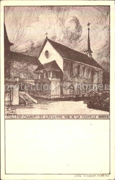 12584115 Lausanne VD College Champittet vue de la chapelle Dessin Kuenstlerkarte