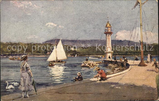 12588786 Carte d'artiste Geneve GE soirée au bord du lac avec phare Geneve GE