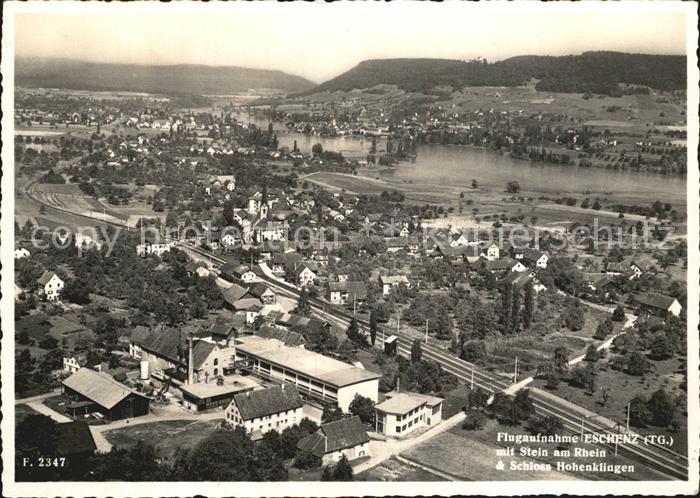 12589458 Eschenz Fliegeraufnahme mit Stein und Rhein Schloss-Hohenklingen Eschen