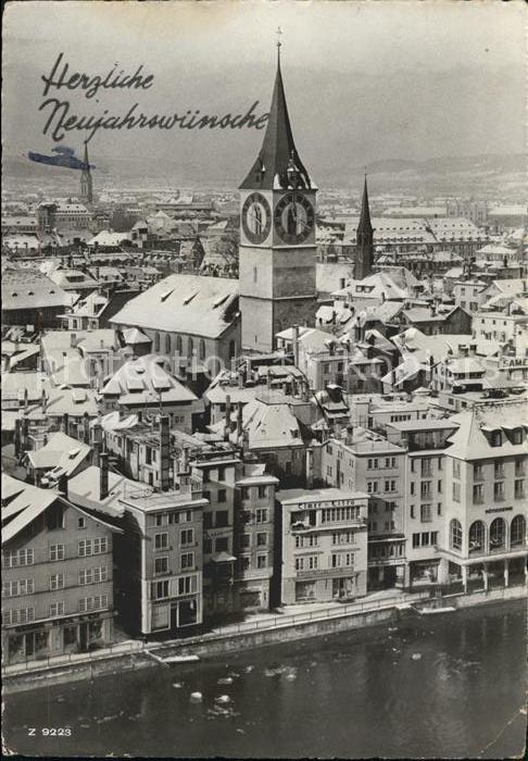 11653905 Zuerich Altstadt mit Kirche St. Peter Limmat Neujahrskarte