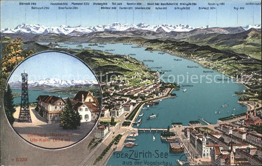 11995436 Le lac de Zurich vu du ciel avec le restaurant Uetliberg Uto Kulm Zuerich