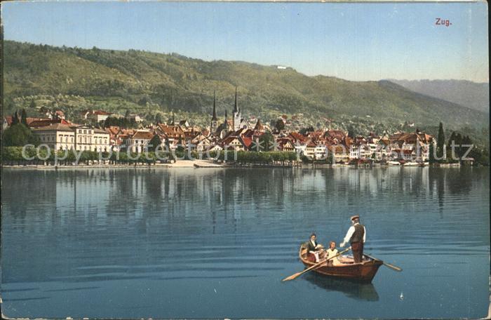 12321990 Zoug ZG vue sur la ville Bateau sur le lac de Zoug