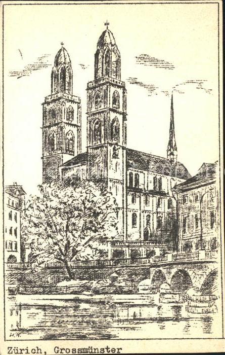 12319349 Zuerich Grossmuenster dessin artiste carte Zuerich