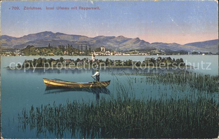 12319367 Zuerichsee Insel Ufenau mit Rapperswil Boot Schilf Zuerich