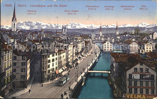 12319453 Zuerich Limmatquai und die Alpen Zuerich