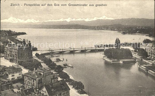 12319455 Zuerich Perspektive auf den See vom Grossmuenster aus gesehen Alpenpano