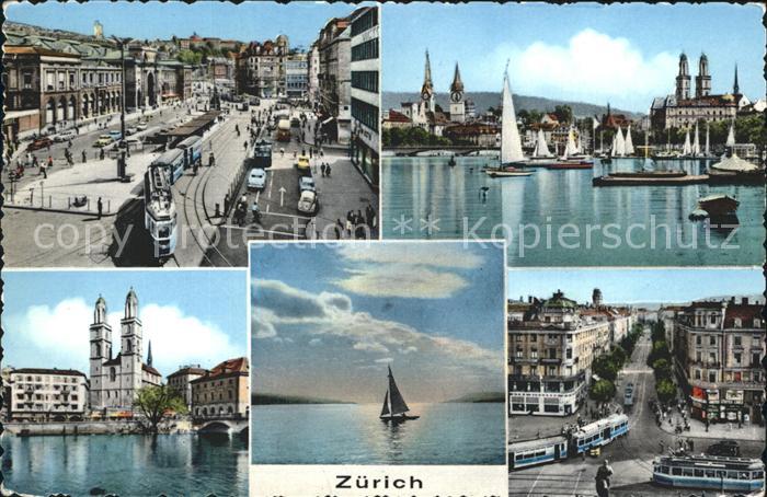 12319462 Zuerich Bahnhofstrasse Strassenbahn Zuerichsee Segelboot Grossmuenster