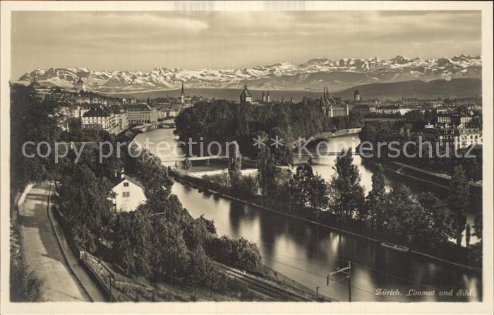 12319517 Zuerich Blick ueber die Limmat und Sihl Alpenpanorama Zuerich