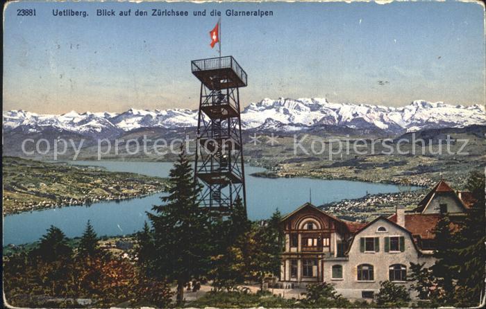 12320923 Uetliberg ZH Berggasthaus Aussichtsturm Blick auf den Zuerichsee und Gl