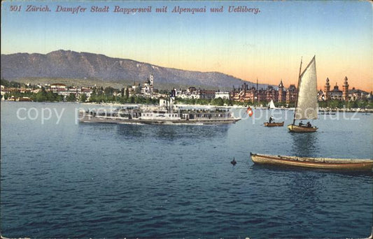 12322201 Zuerich Dampfer Stadt Rapperswil avec Alpenquai et Uetliberg Zuerichsee