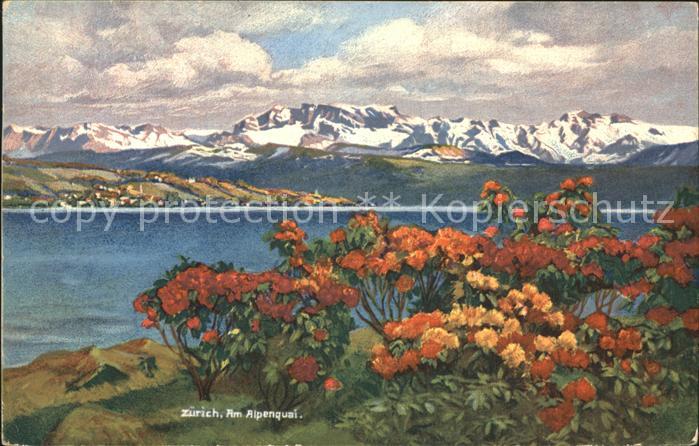 12320964 Zuerich Am Alpenquai Blumen Zuerichsee Alpenpanorama Kuenstlerkarte Zue