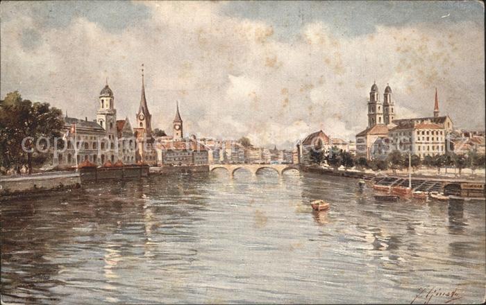 12323289 Zuerich An der Limmat Grossmuenster Pont de l'église Carte d'artiste Zueri