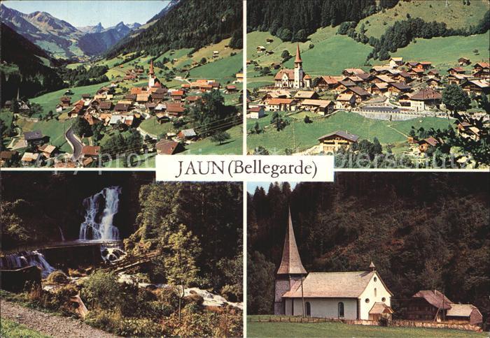 12456102 Jaun Gruyere Fliegeraufnahme Wasserfall Kirche Jaun