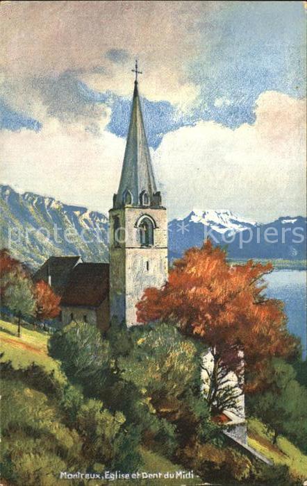 12459332 Montreux VD Eglise Dent du Midi Carte d'artiste Montreux