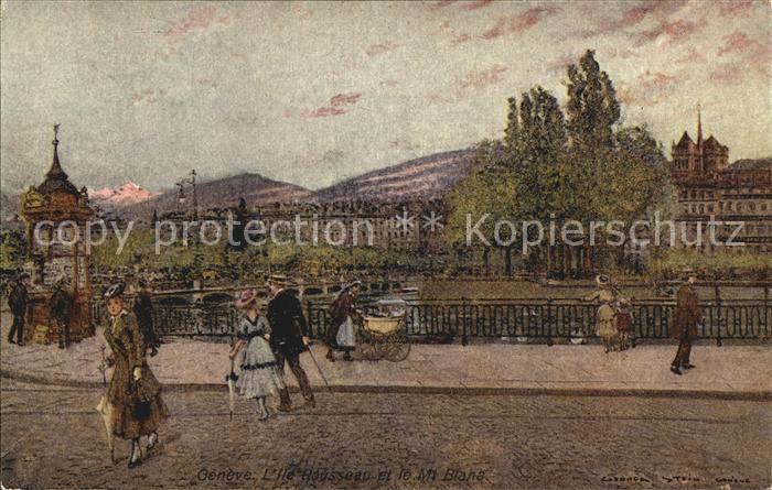 12476231 Geneve GE Carte d'artiste Ile Rousseau Mont Blanc Geneve