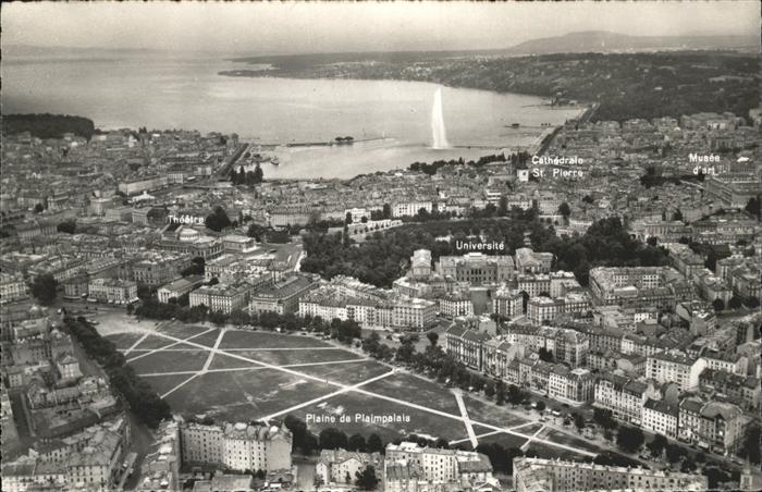 11112914 Geneve GE Fliegeraufnahme Plaine Plaimpalais Theatre Cathedrale St Pier