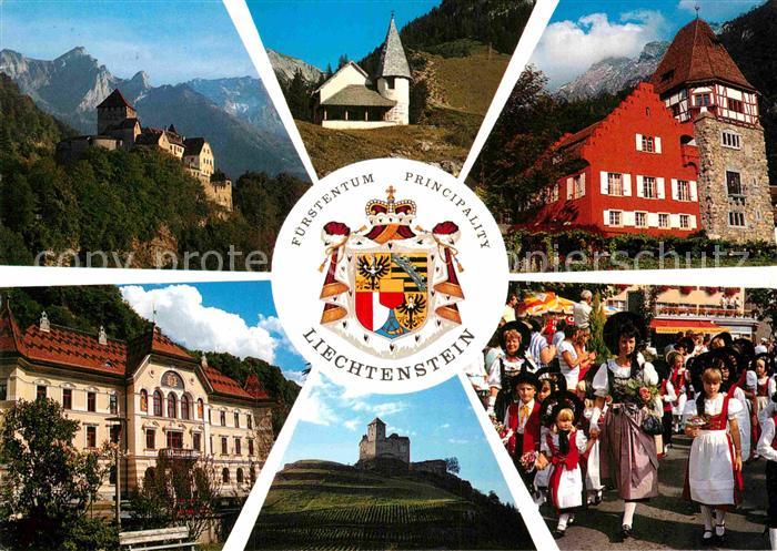 72860973 Liechtenstein  Staatswappen Schloss Vaduz Kapelle Steg Rotes Haus Schlo