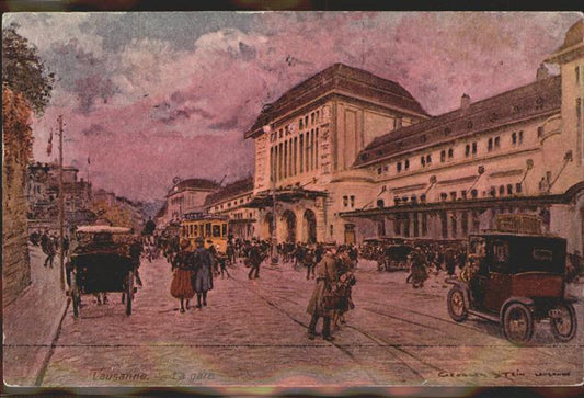 11294797 Lausanne VD Gare Autos Kutschen Strassenbahn