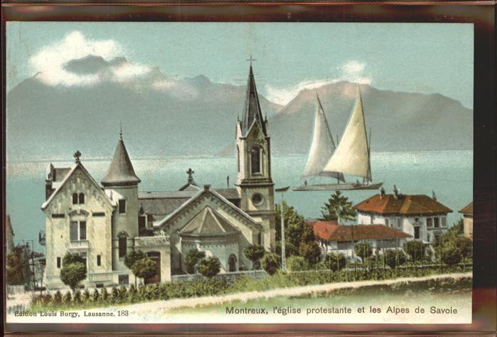 11305083 Montreux VD L eglise protestante et les Alpes de Savoie Seegelboot Kuen