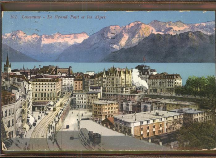 11306310 Lausanne VD Le Grand Pont et les Alpes Lac Leman Strassenbahn